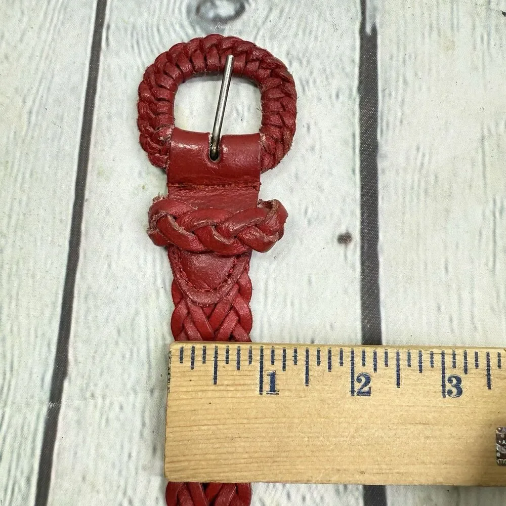 Vintage Red Woven Leather Belt Women Size Large Braided Boho Adjustable 43